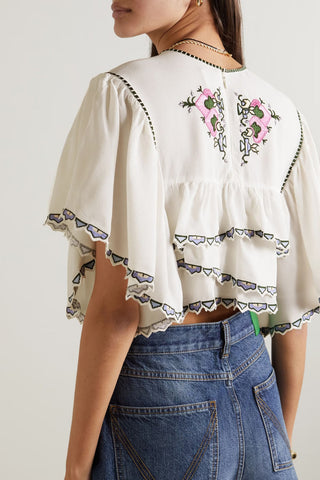 ISABEL MARANT SANA CROPPED TIERED EMBROIDERED CREPE DE CHINE BLOUSE - Size 40