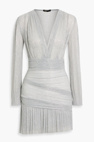 MAJE DRAPED METALLIC PLISS-TULLE MINI DRESS - Size 36
