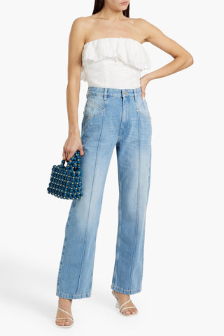 ISABEL MARANT ORMA STRAPLESS RUFFLED BRODERIE ANGLAISE-TRIMMED RAMIE TOP - Size 42