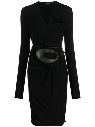 Tom Ford Jersey V-Neck Wrap Dress with Oval Leather Belt