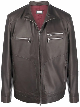 Brunello Cucinelli Leather Stand-Collar Bomber Jacket Brown