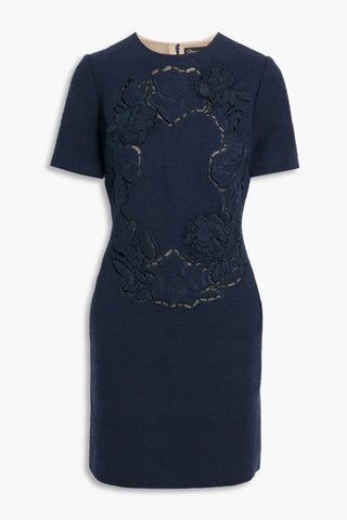 OSCAR DE LA RENTA COTTON-BLEND BOUCL AND GUIPURE LACE MINI DRESS - Size 4