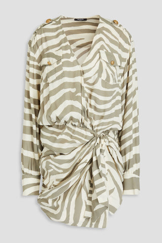 BALMAIN RUCHED ZEBRA-PRINT TWILL MINI DRESS - Size 38