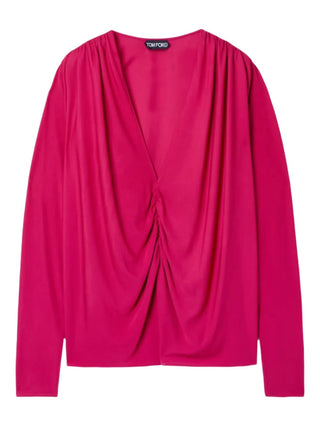 Tom Ford Draped Jersey Ruched V-Neck Blouse Pink