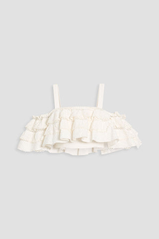 CAROLINA HERRERA COLD-SHOULDER CROPPED RUFFLED BRODERIE ANGLAISE COTTON TOP - Size 0