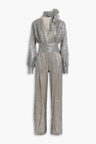 OSCAR DE LA RENTA GATHERED METALLIC SILK-BLEND JUMPSUIT - Size 4