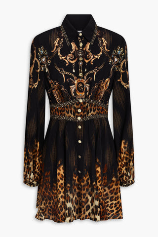 CAMILLA CRYSTAL-EMBELLISHED PRINTED SILK CREPE DE CHINE MINI SHIRT DRESS - Size XL
