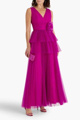 ZAC POSEN TIERED FLORAL-APPLIQUD TULLE GOWN - Size 2