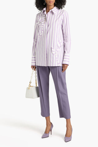 OSCAR DE LA RENTA STRIPED FLORAL-APPLIQUD COTTON-POPLIN SHIRT - Size 2