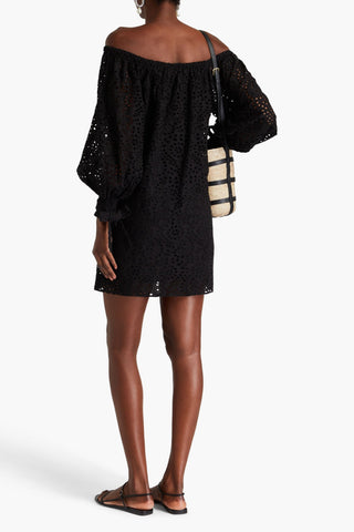 ALICE + OLIVIA OFF-THE-SHOULDER BRODERIE ANGLAISE COTTON MINI DRESS - Size S