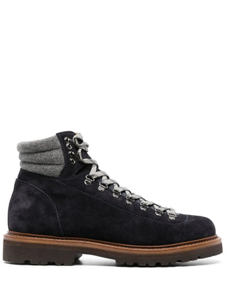 Brunello Cucinelli Suede Deep Blue Padded-Collar Lace-Up Boots