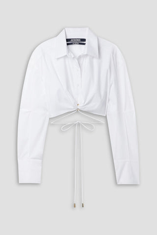JACQUEMUS PLIDAO CROPPED EMBELLISHED COTTON-BLEND POPLIN SHIRT - Size 38