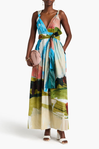 OSCAR DE LA RENTA BELTED PRINTED COTTON-POPLIN MAXI DRESS - Size 10