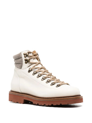 Brunello Cucinelli Off-White Grained Leather Lace-Up Boots with Felted Collar
