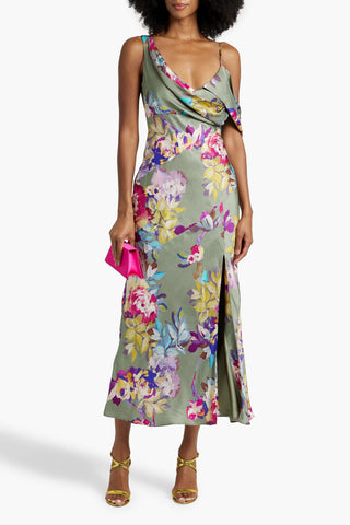 NICHOLAS DRAPED FLORAL-PRINT SATIN-CREPE MIDI DRESS - Size 0