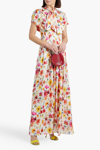 MIKAEL AGHAL PUSSY-BOW PLEATED FLORAL-PRINT SATIN MAXI DRESS - Size 6