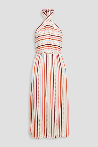 LEMLEM AJANI STRIPED CHARMEUSE HALTERNECK MIDI DRESS - Size S