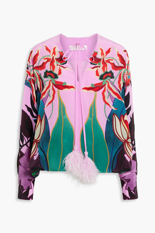 VALENTINO GARAVANI FEATHER-TRIMMED PRINTED SILK CREPE DE CHINE BLOUSE - Size 38
