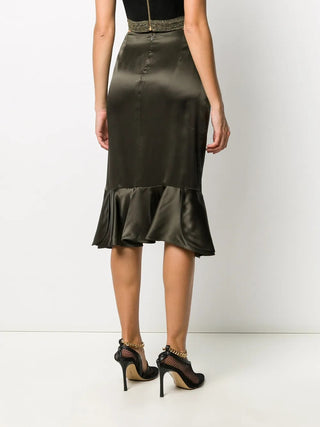 Tom Ford Satin Asymmetrical Ruffled Midi Skirt Green