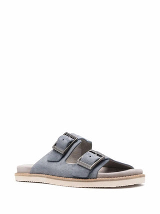 Brunello Cucinelli Suede Double-Strap Slide Sandals Blue Grey