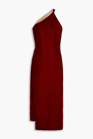 OSCAR DE LA RENTA ONE-SHOULDER CUTOUT VELVET MIDI DRESS - Size 8
