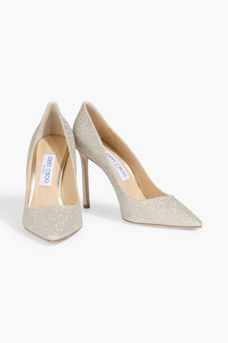 JIMMY CHOO ROMY 100 GLITTERED WOVEN PUMPS - Size 39.5