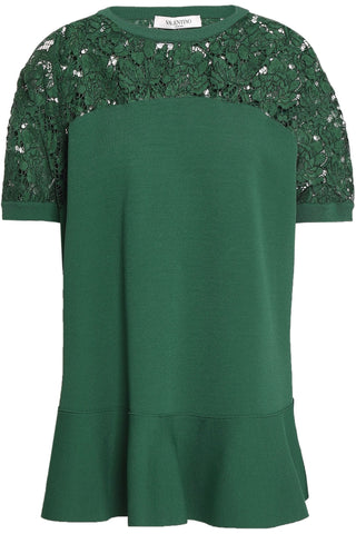 VALENTINO GARAVANI CORDED LACE-PANELED STRETCH-KNIT PEPLUM TOP - Size L