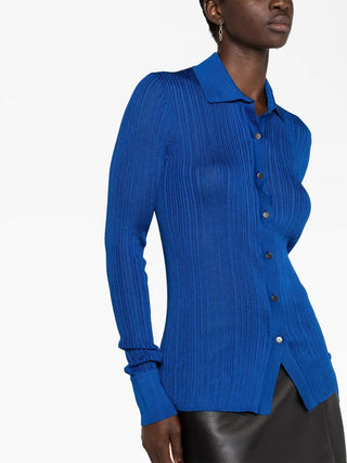 Tom Ford Rib-Knit Long-Sleeve Collared Shirt Blue