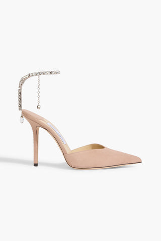 JIMMY CHOO SAEDA 100 CRYSTAL-EMBELLISHED SUEDE PUMPS - Size 38.5