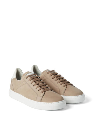 Brunello Cucinelli Taupe Suede Low-Top Sneakers with White Sole