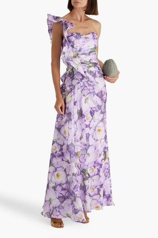BADGLEY MISCHKA ONE-SHOULDER RUFFLED FLORAL-PRINT CREPON MAXI DRESS - Size 4