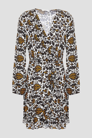 SANDRO WRAP-EFFECT TIERED PRINTED SATIN-JACQUARD MINI DRESS - Size 38