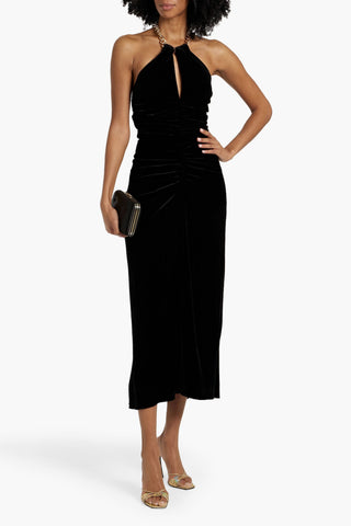 VERONICA BEARD JOSETTE CHAIN-EMBELLISHED VELVET HALTERNECK MIDI DRESS - Size 8