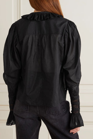 ISABEL MARANT GINETTE LACE-TRIMMED RUFFLED COTTON AND SILK-BLEND BLOUSE - Size 34