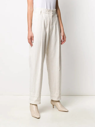Brunello Cucinelli Linen Blend Pinstriped Pleated Cuffed Trousers