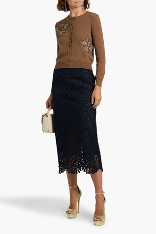 OSCAR DE LA RENTA WOOL-BLEND GUIPURE LACE MIDI SKIRT - Size 16