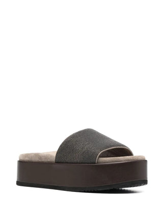 Brunello Cucinelli Monili-Embellished Open-Toe Platform Slides Dark Brown