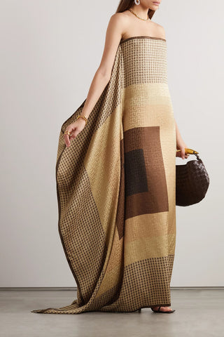 BALMAIN CAPE-EFFECT PRINTED SILK-JACQUARD GOWN - Size 42