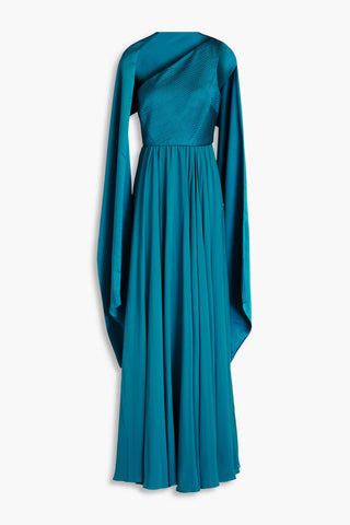 BADGLEY MISCHKA ONE-SHOULDER GEORGETTE-PANELED SATIN GOWN - Size 6