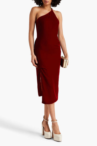 OSCAR DE LA RENTA ONE-SHOULDER CUTOUT VELVET MIDI DRESS - Size 8