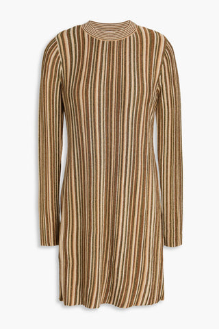 VERONICA BEARD JANE METALLIC STRIPED RIBBED-KNIT MINI DRESS - Size L