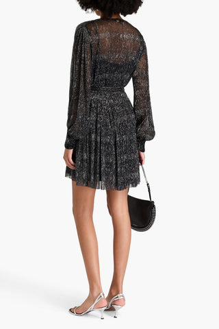 MAJE WRAP-EFFECT BELTED METALLIC KNITTED MINI DRESS - Size 34