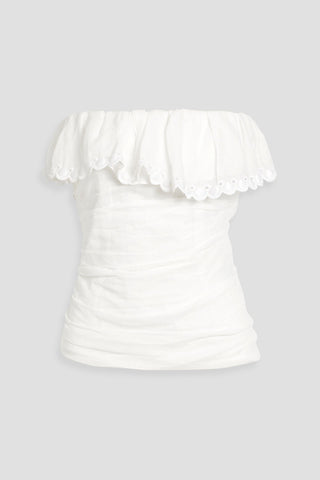 ISABEL MARANT ORMA STRAPLESS RUFFLED BRODERIE ANGLAISE-TRIMMED RAMIE TOP - Size 42