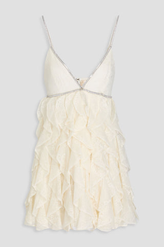 ALICE + OLIVIA WILMARIE CRYSTAL-EMBELLISHED RUFFLED CORDED LACE MINI DRESS - Size 8