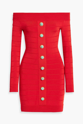 BALMAIN OFF-THE-SHOULDER STRETCH-KNIT MINI DRESS - Size 34