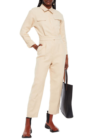 SANDRO UNO PLEATED COTTON AND LINEN-BLEND TWILL JUMPSUIT - Size 42