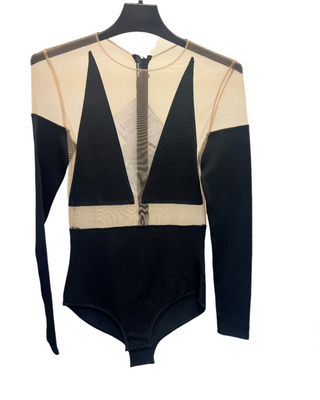 Balmain Ribbed Knit Mesh Sheer Panel Long-Sleeve Bodysuit