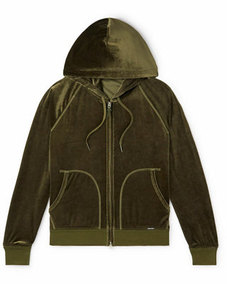 Tom Ford Velvet Full-Zip Hooded Sweatshirt Olive Green