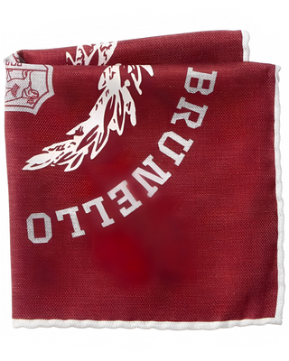 Brunello Cucinelli Silk Logo Print Contrast-Edge Pocket Square Burgundy