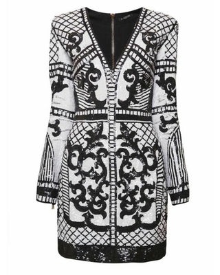 Balmain Embroidered Sequin V-Neck Mini Dress Black White